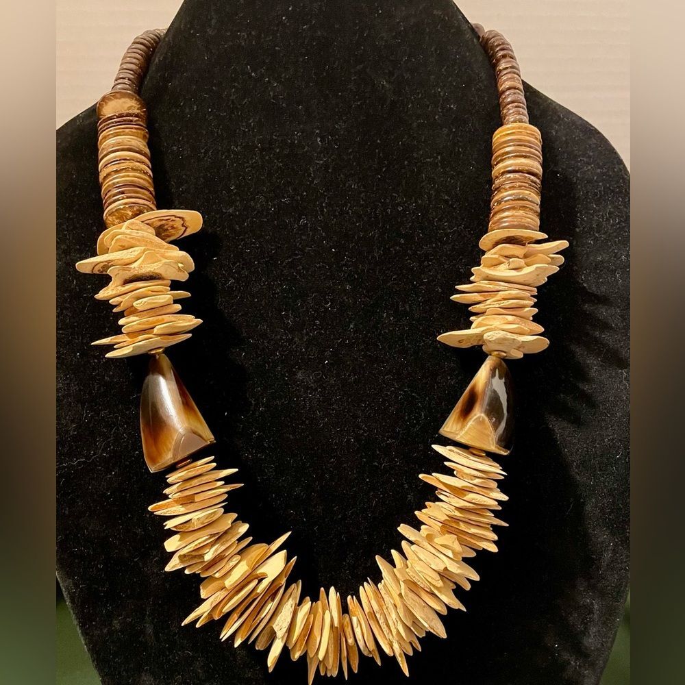 Rustic Wood Bead Statement Necklace in Brown and Tan. 30 inches long.